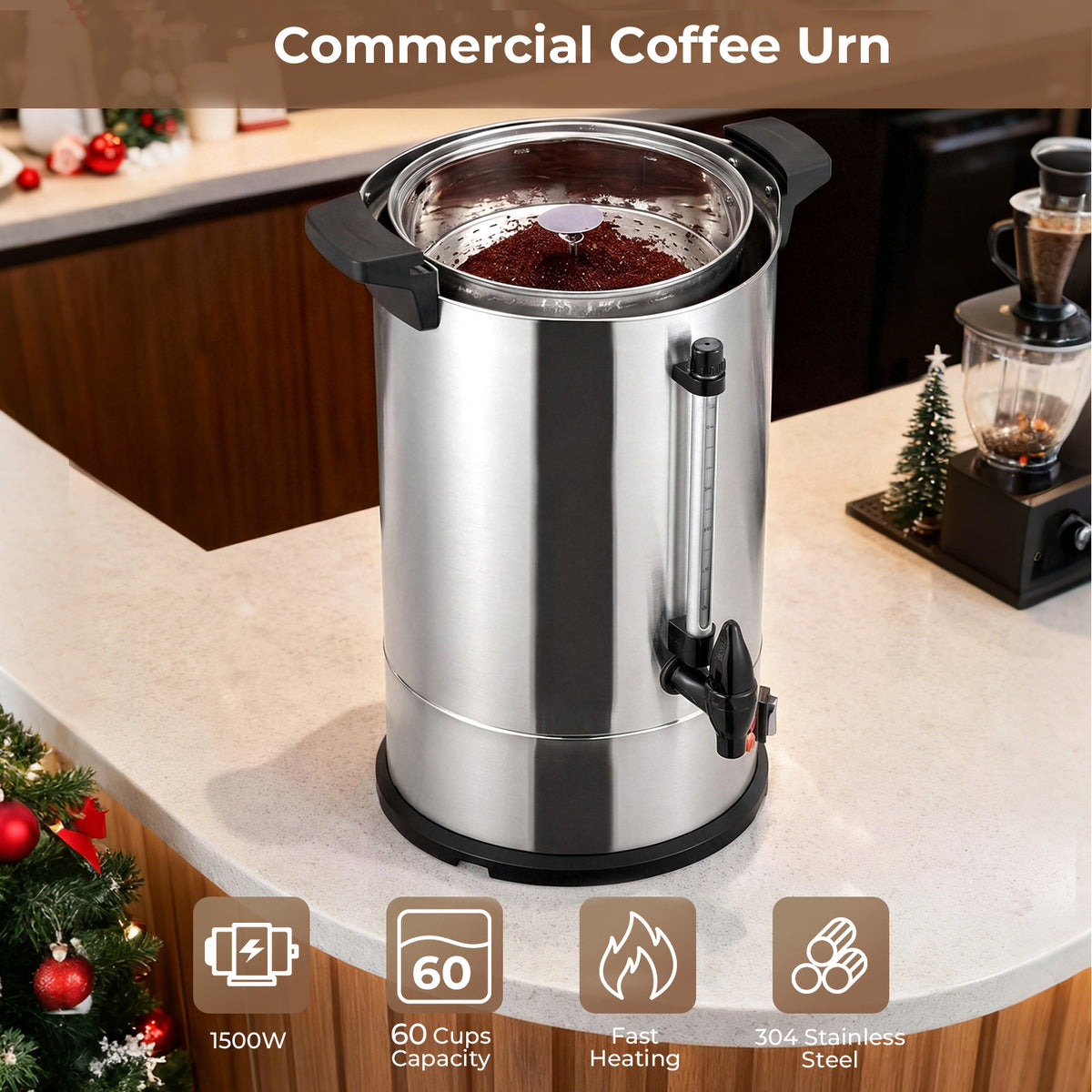 FOHERE 60-Cup Commercial Coffee Urn, 1500W, Stainless Steel Hot Water Dispenser with Adjustable Temp & Water Gauge