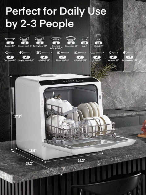 FOHERE Portable Countertop Dishwasher with 5L Built-in Water Tank, 6 Programs, 360°Dual Spray, High-Temp, Air-Dry and Timeing Function