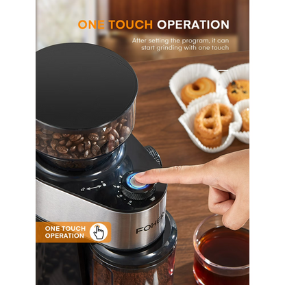 Elektrische Kaffeemühle FOHERE, 200W Upgrade, 18 präzise Mahlgradeinstellungen, 2-14 Tassen einstellbar, Schwarz