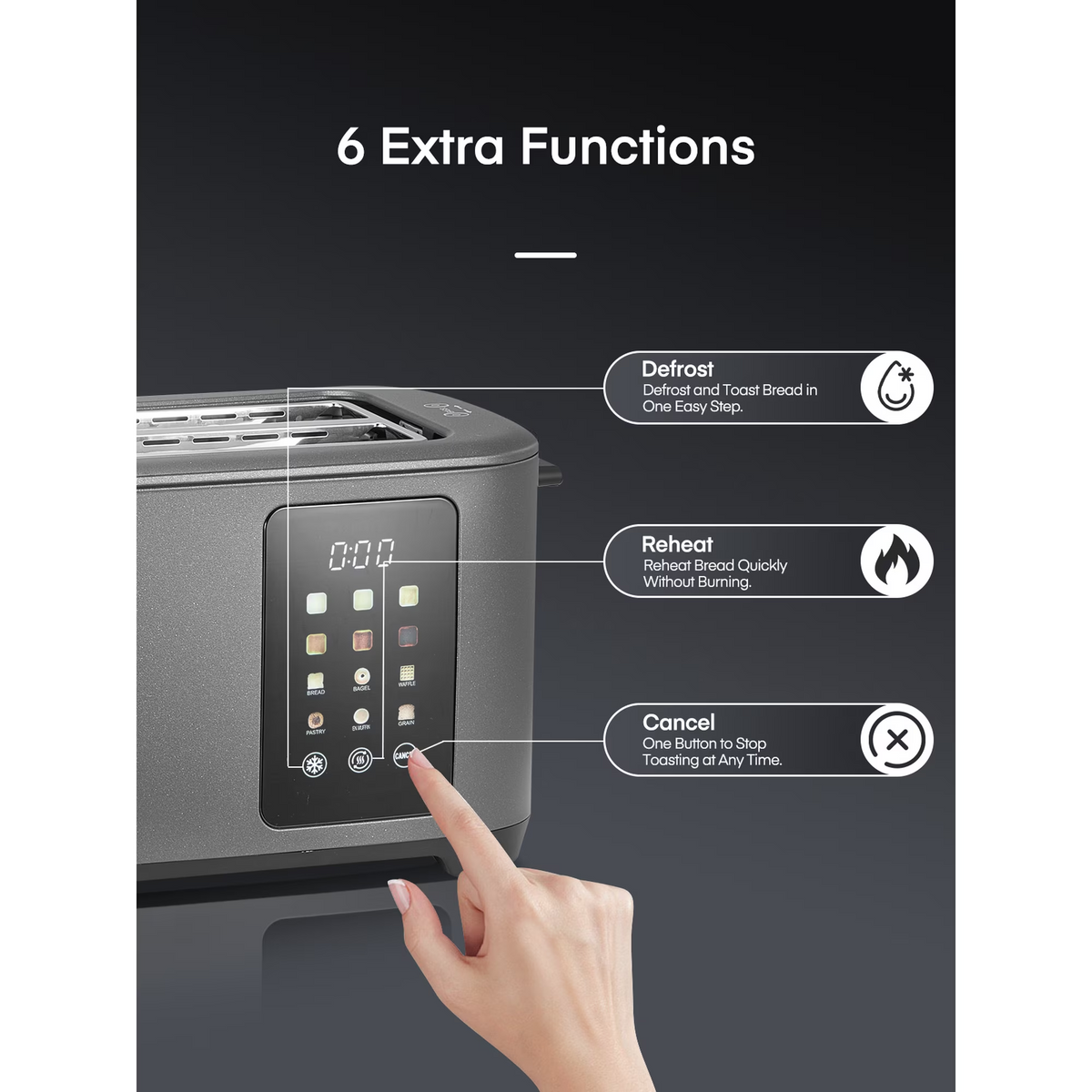 4 Slice Smart Toaster, LCD and Touchscreen, 6 Bread Types & Shade Settings, Retractable Warming Rack, Cancel/Defrost/Reheat Functions, 1400W