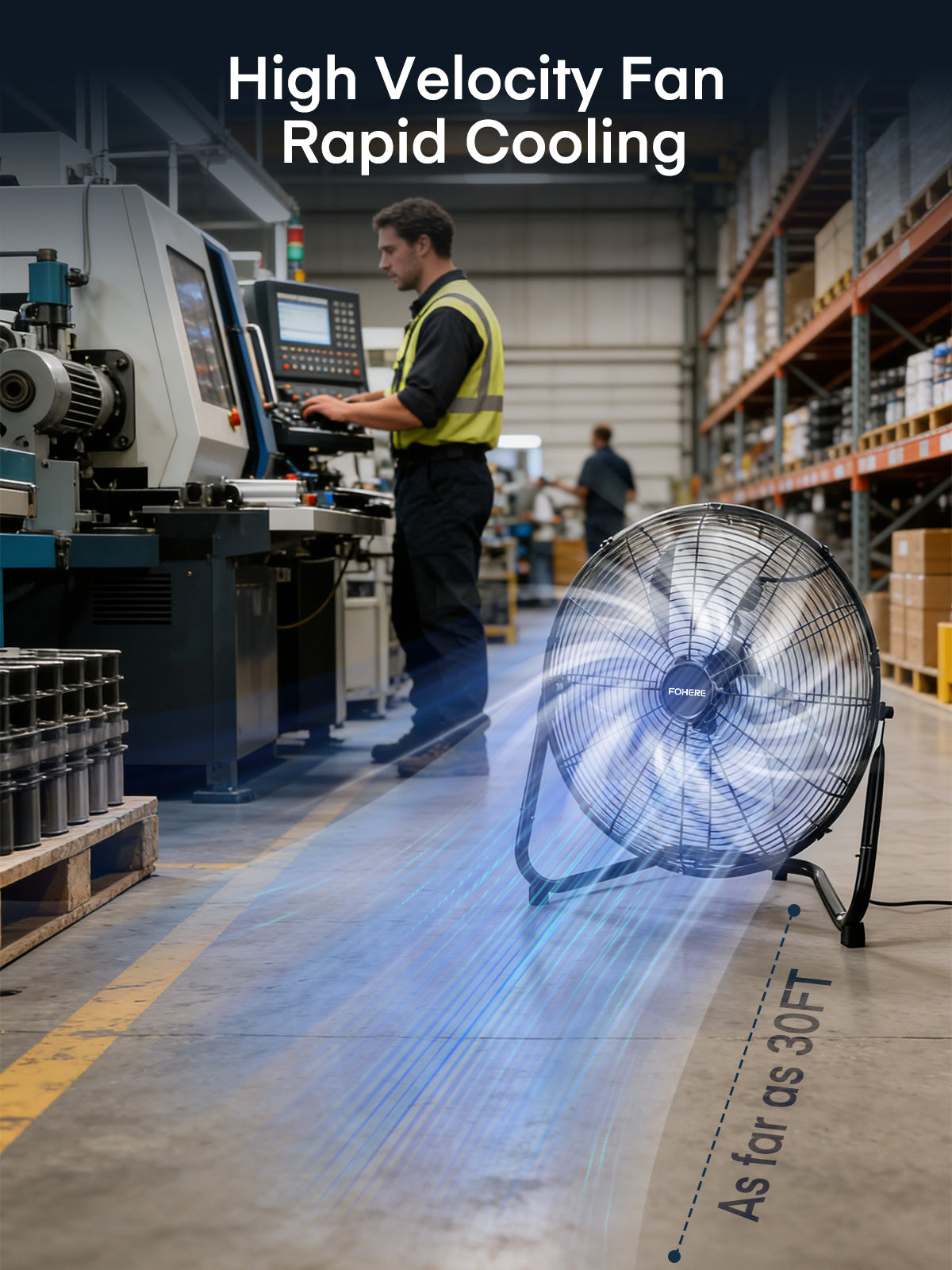 FOHERE 20" High Velocity Industrial Fan, 30 ft/s Powerful Floor Fan with 360° Tilt, 3-Speed Heavy Duty Metal Shop Fan for Garage, Workshop, Gym, Patio & Commercial Use, ETL Safety Certified