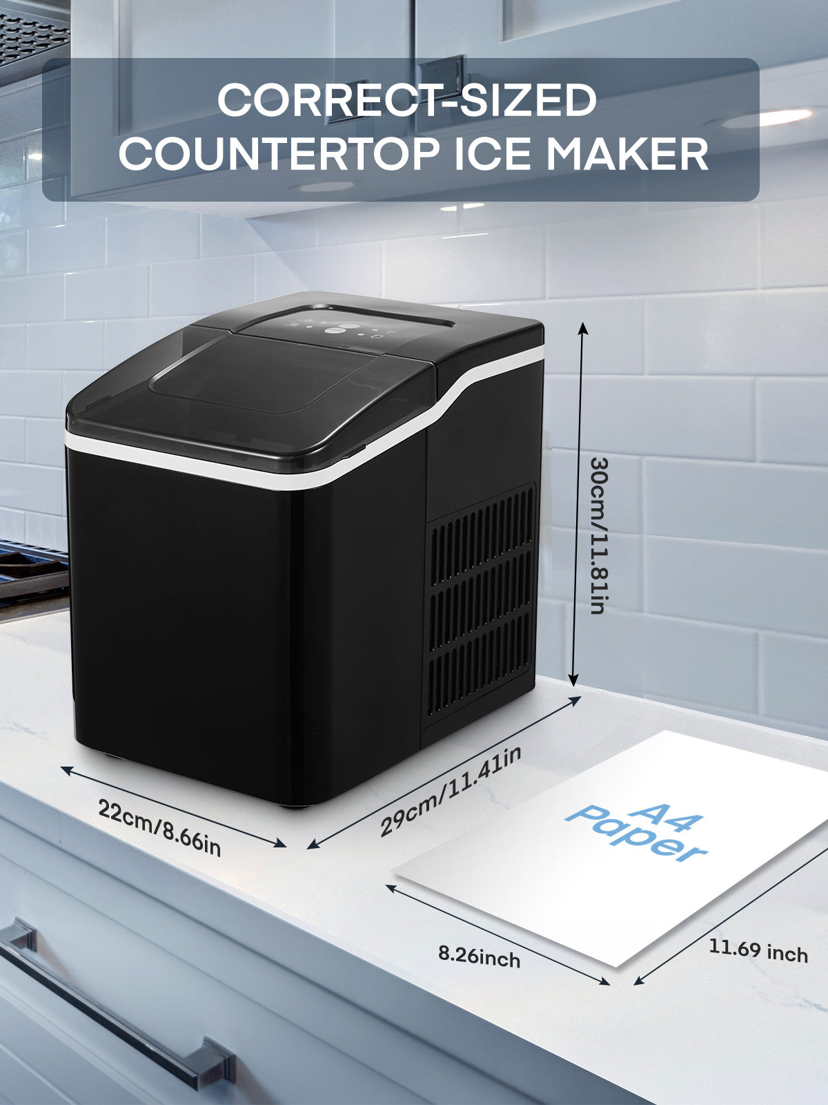 Ice Makers Machine Countertop, 9 Cubes Ready in 6 Mins, 28lbs in 24Hrs, LED Display with Ice Scoop and Basket, Portable Ice Cube Maker for Party, Office, Bar, RV, FOHERE (11.41 X 8.66X 11.81,）