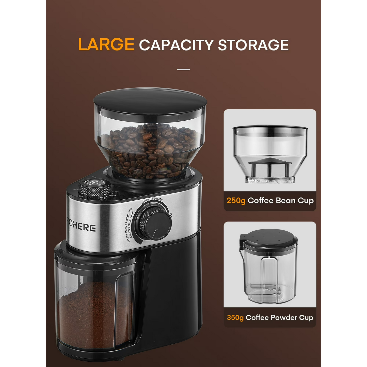 Elektrische Kaffeemühle FOHERE, 200W Upgrade, 18 präzise Mahlgradeinstellungen, 2-14 Tassen einstellbar, Schwarz
