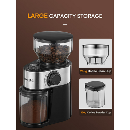 Elektrische Kaffeemühle FOHERE, 200W Upgrade, 18 präzise Mahlgradeinstellungen, 2-14 Tassen einstellbar, Schwarz