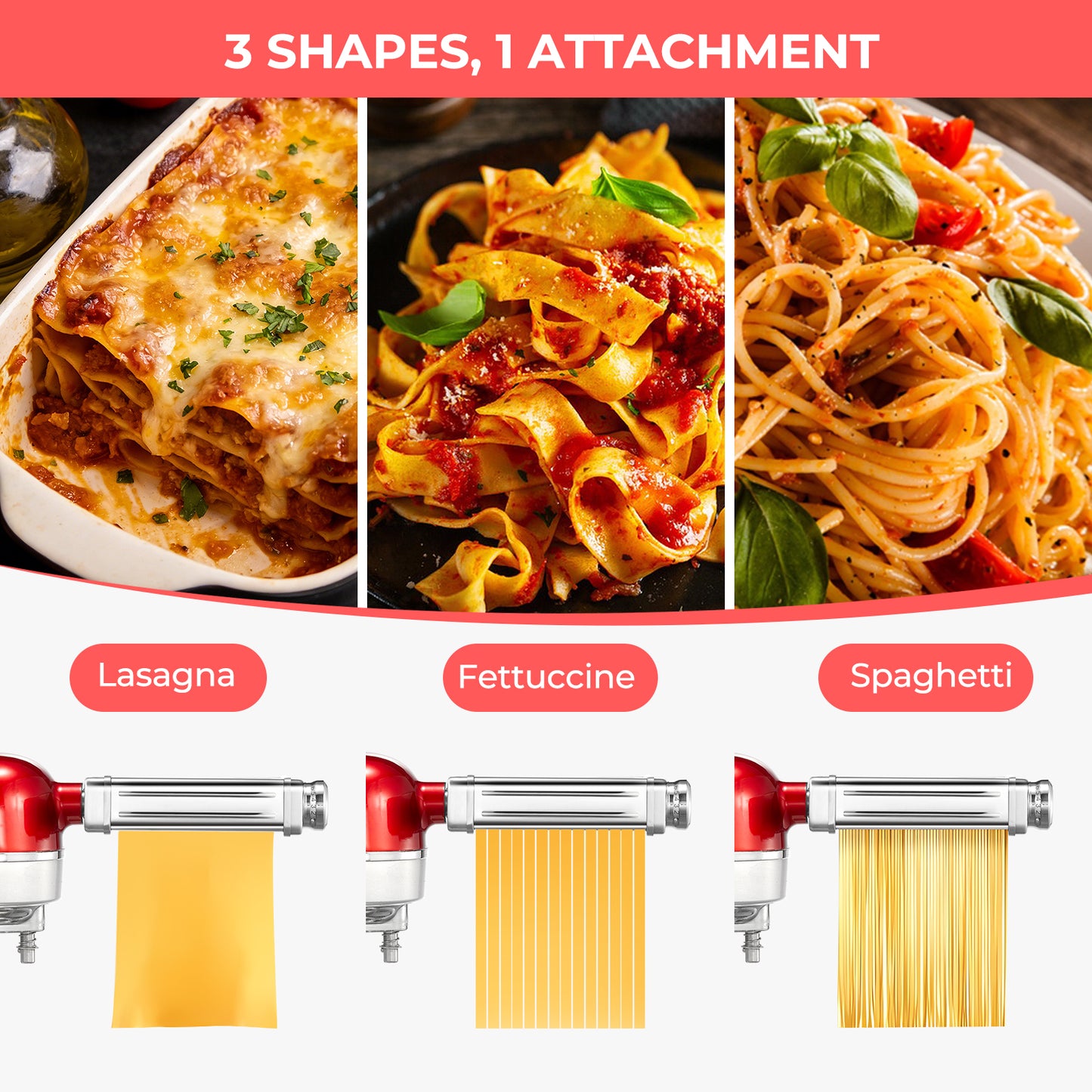 FOHERE 3 In 1 Pasta Maker Attachment for Kitchen Aid Stand Mixer, 7-Level Thickness Adjustable Pasta Roller Attachment for Fettuccine and Linguine
