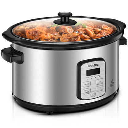 FOHERE 6Qt Slow Cooker mit Keramik-Innentopf, einstellbarer Zeit- und Temperaturregelung, automatischer Warmhaltefunktion, verzögerter Startfunktion