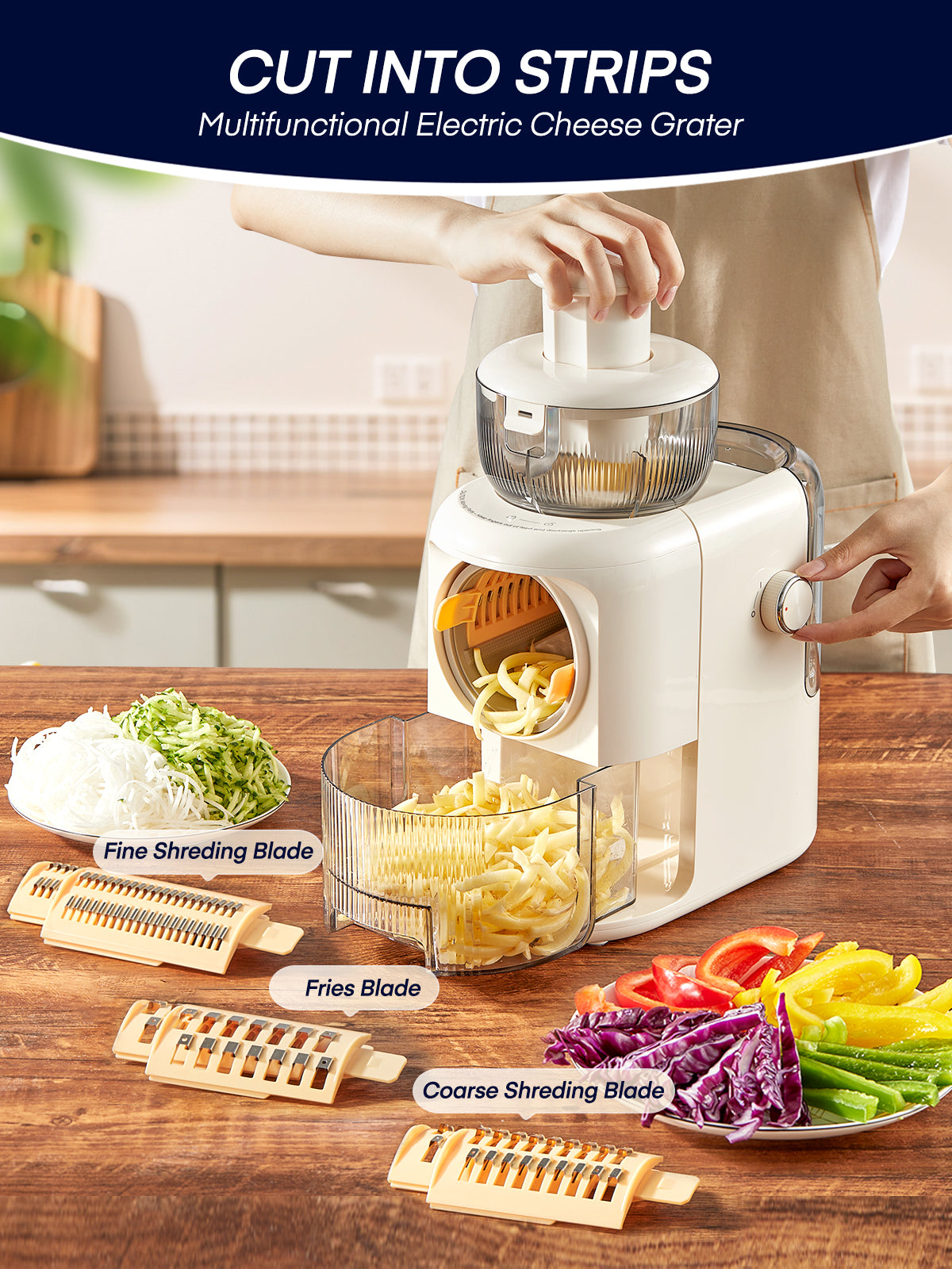 FOHERE 6-in-1 Elektrische Käsereibe, elektrischer Käseschneider mit 6 Edelstahlklingen, Salatzubereiter mit Ein-Knopf-Steuerung für Käse, Gemüse und Obst