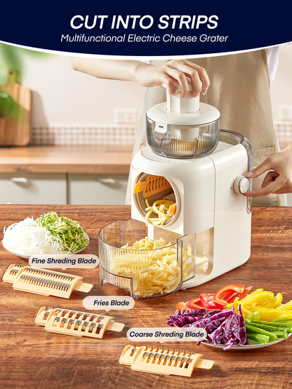 FOHERE 6-in-1 Elektrische Käsereibe, elektrischer Käseschneider mit 6 Edelstahlklingen, Salatzubereiter mit Ein-Knopf-Steuerung für Käse, Gemüse und Obst