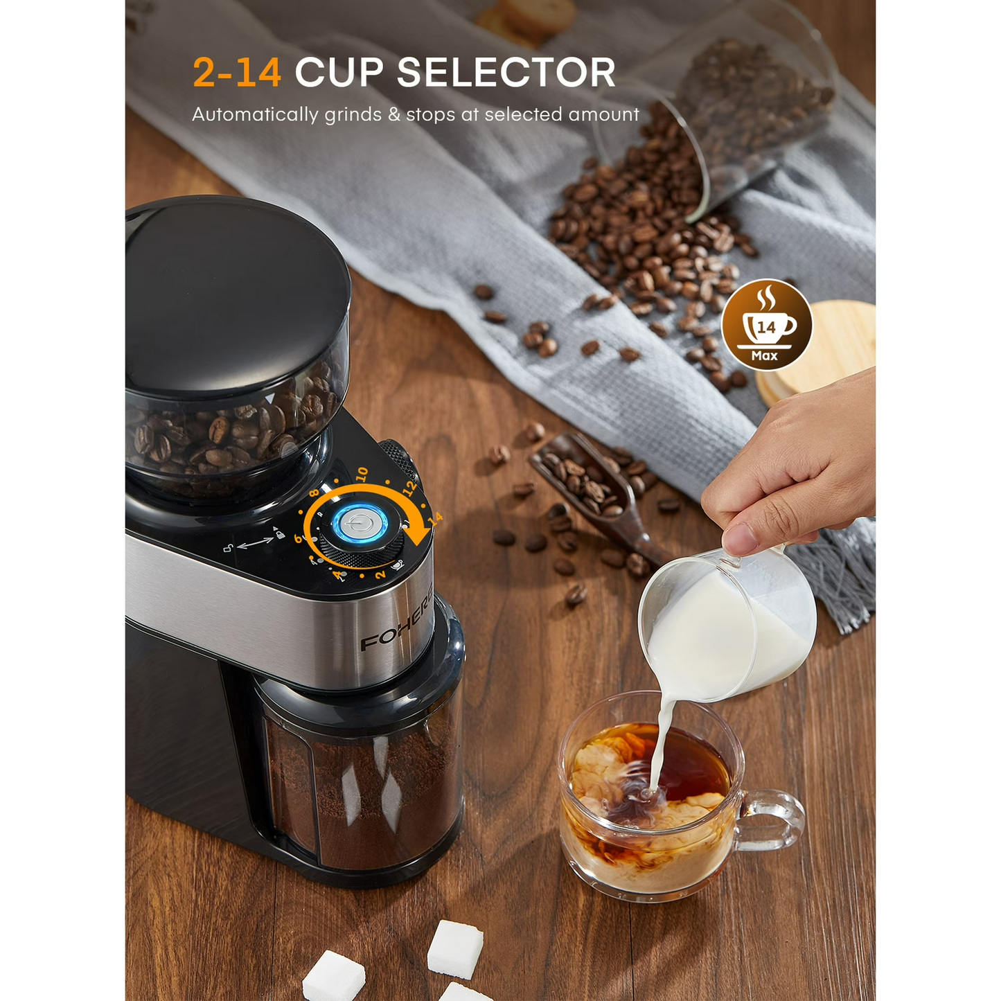 Elektrische Kaffeemühle FOHERE, 200W Upgrade, 18 präzise Mahlgradeinstellungen, 2-14 Tassen einstellbar, Schwarz