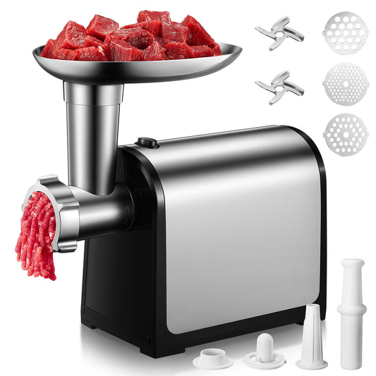 FOHERE Elektrischer Fleischwolf, Wurstfüller aus Edelstahl, Fleischwolfmaschine mit 2 Klingen & 3 Platten, 2000W Max. Lebensmittelzerkleinerer, Wurstfüller-Rohr & Kubbe-Set, Hochleistungs-Fleischwolf