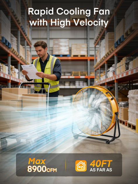 FOHERE 24 Inch High Velocity Industrial Drum Fan, 8100 CFM Heavy Duty Metal Floor Fan with Wheels, 360° Tilt 3-Speed Shop Fan, Portable Barn Fan with Wide Handle for Warehouse, Garage, Factory, Gym