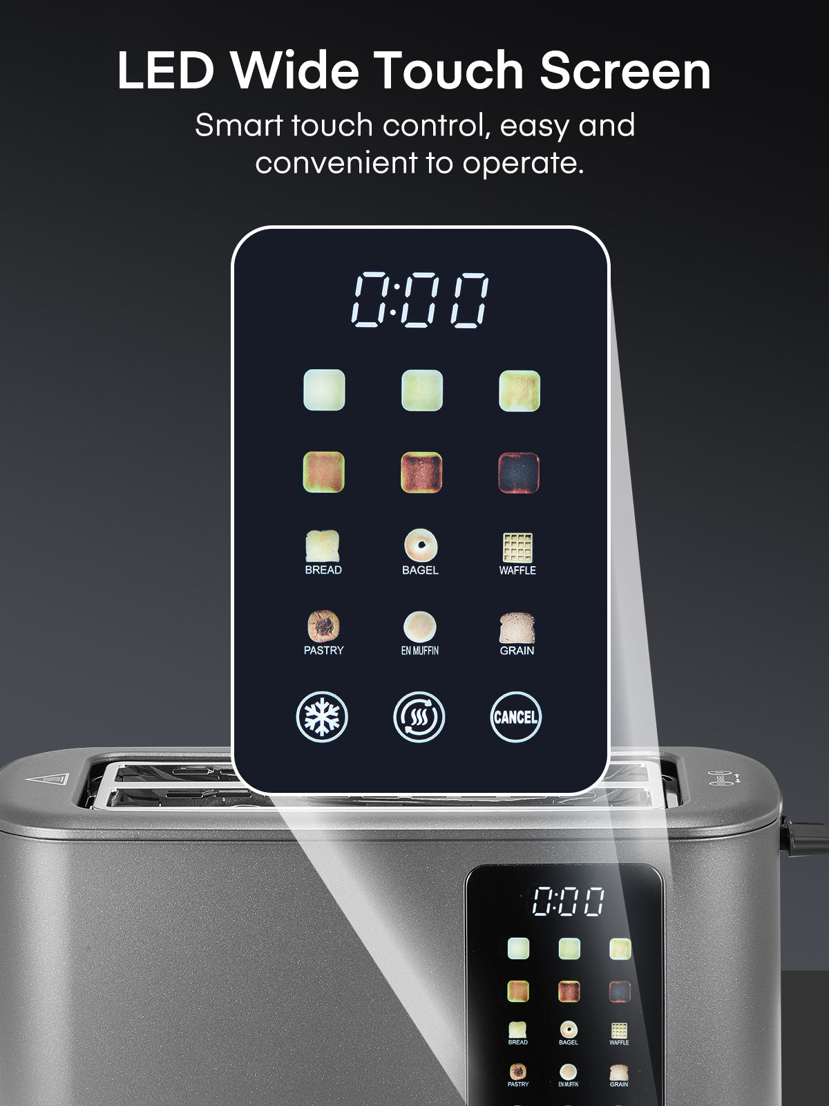 4-Scheiben-Smart-Toaster, LCD und Touchscreen, 6 Brotsorten & Bräunungsstufen, versenkbarer Warmhalterost, Auftau-/Wiederaufwärmfunktion, 1400W
