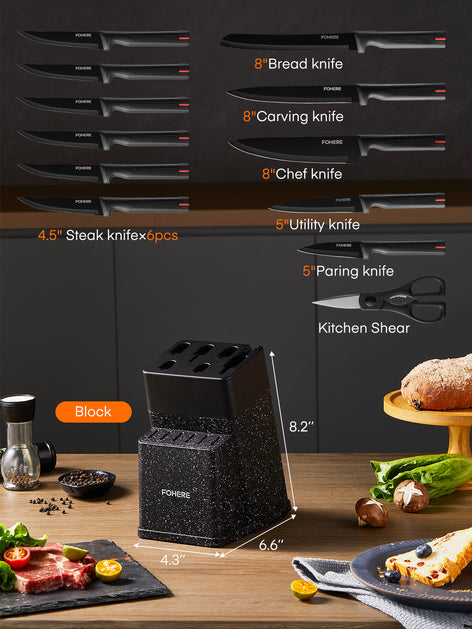 FOHERE 13 Pieces Knife Set with Block, Stainless Steel Knive Sets for Kitchen with Built-in Sharpener Sharp Kitchen Knife Block Set with Anti-slip Handle Rust Resistant, Black