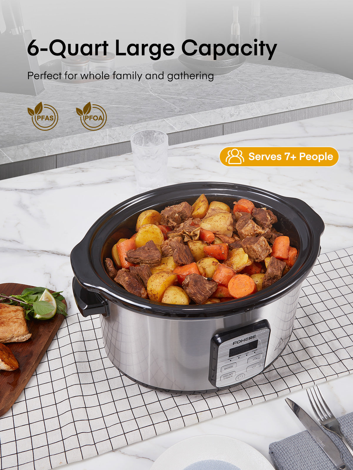FOHERE 6Qt Slow Cooker mit Keramik-Innentopf, einstellbarer Zeit- und Temperaturregelung, automatischer Warmhaltefunktion, verzögerter Startfunktion