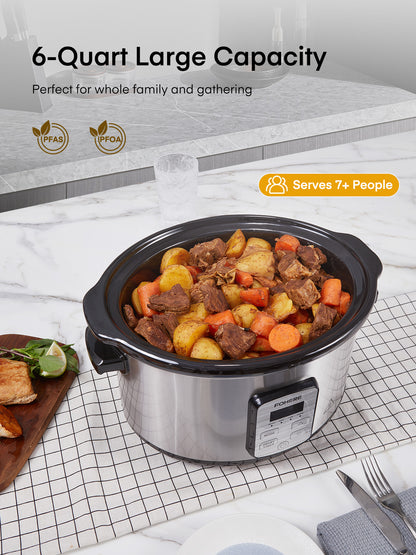 FOHERE 6Qt Slow Cooker mit Keramik-Innentopf, einstellbarer Zeit- und Temperaturregelung, automatischer Warmhaltefunktion, verzögerter Startfunktion