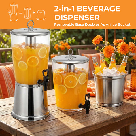2 Gallon Beverage Dispenser with Stand, Stainless Steel Drink Dispenser for Parties, Clear Acrylic Water Juice Jug with Ice Core & Spigot for Buffet, Weddings, Outdoor Events