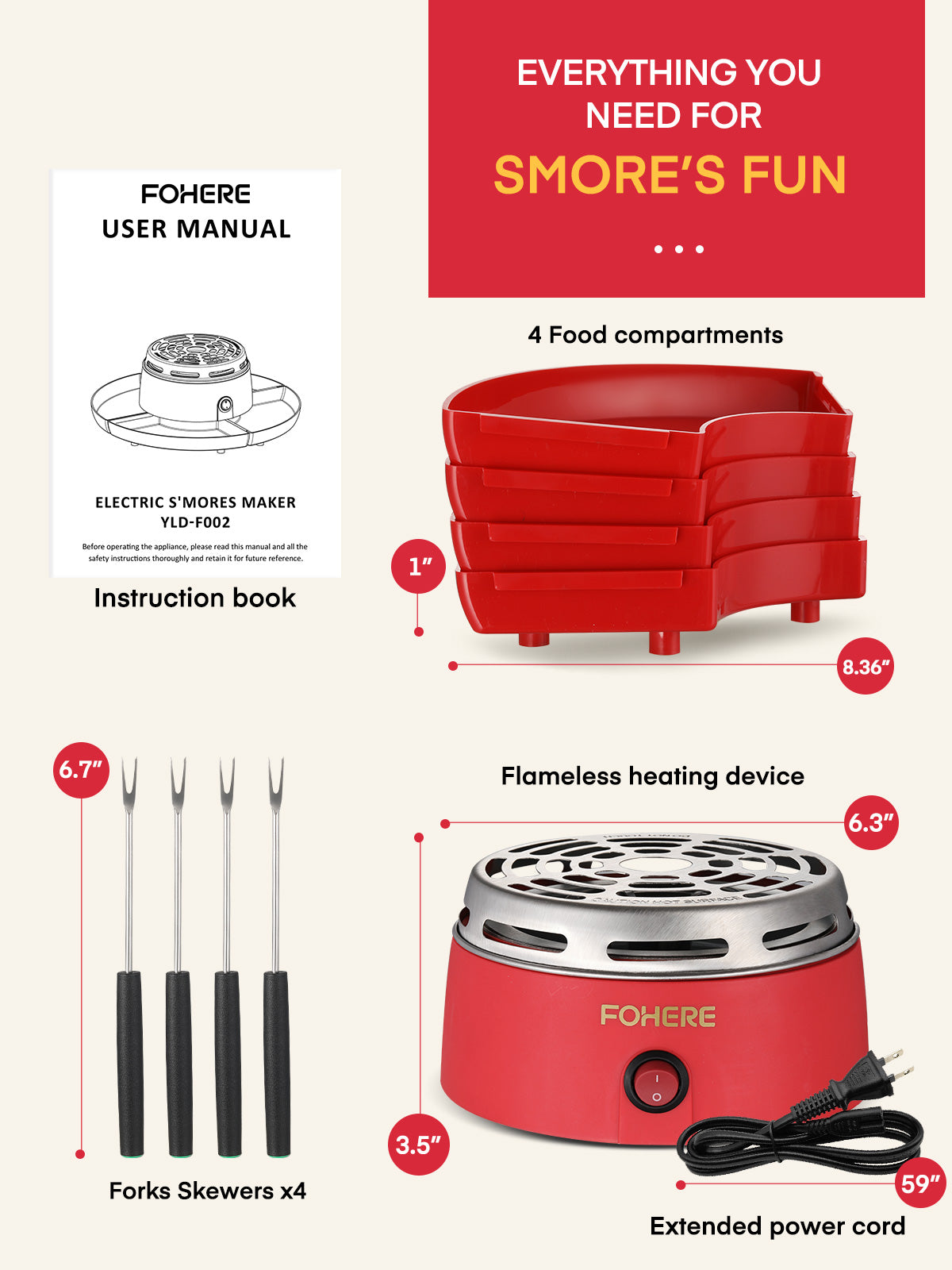 FOHERE Smores Maker Tischgerät für Innenräume, flammenloser elektrischer Marshmallow-Röster mit 4 abnehmbaren Ablagen & 4 Röstgabeln, Zubehör für Filmabende & Einweihungsgeschenk, Rot
