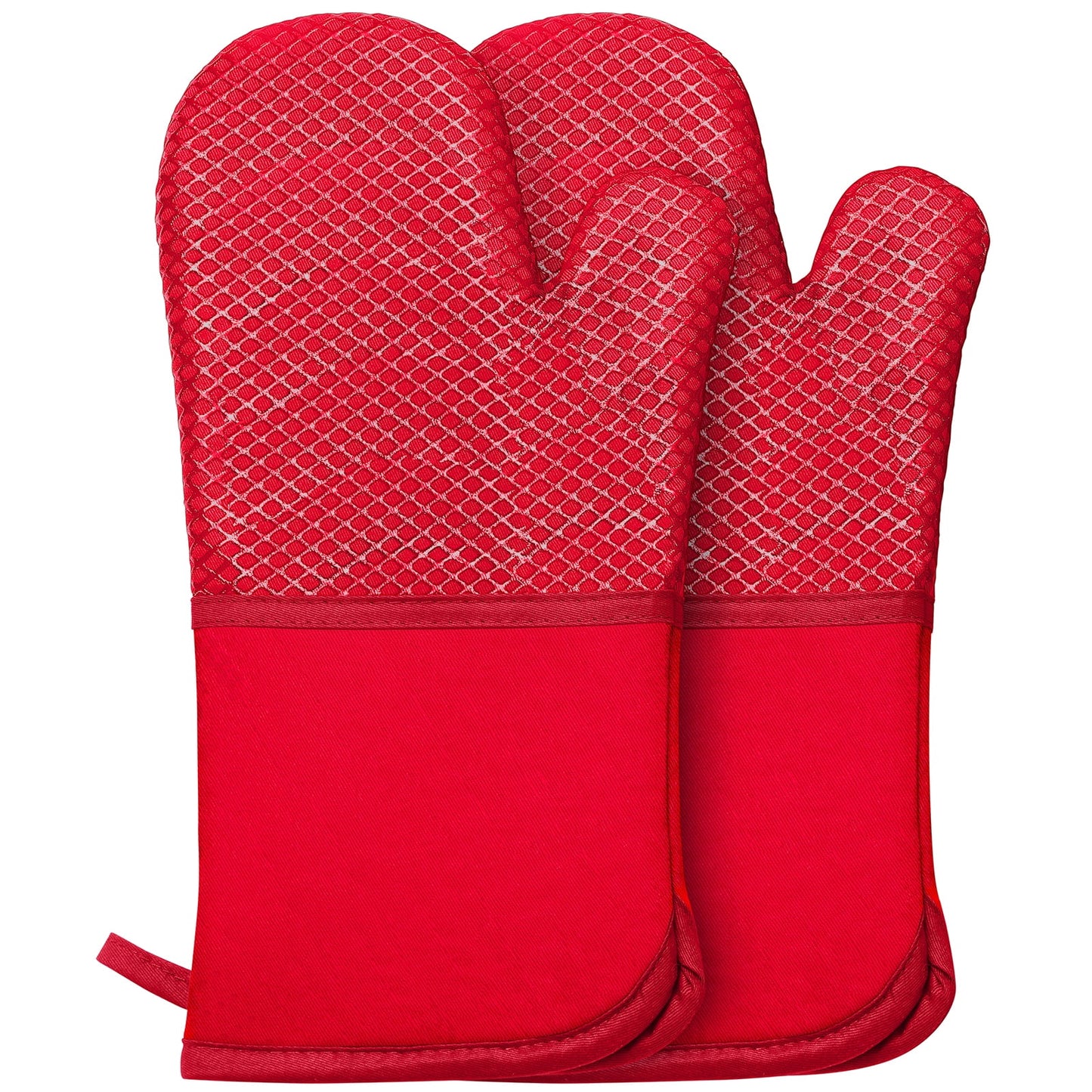 Oven Mitts, Heat Resistant Kitchen Oven Gloves 572°F, Non-Slip Silicone Surface, Extra Long Flexible Thick Mitts for Kitchen , Cooking , Baking , BBQ , Grid Red
