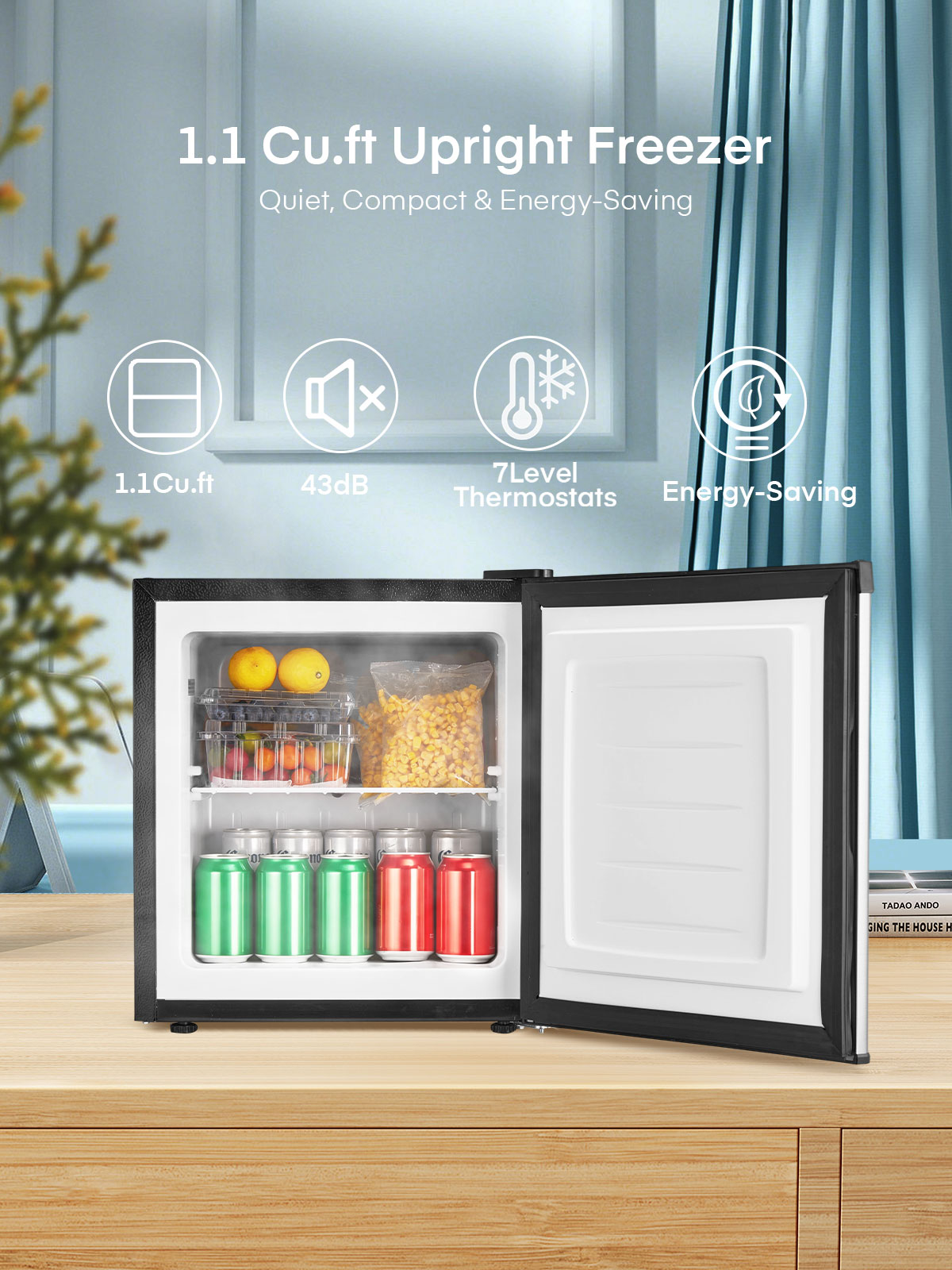 1.1 Cu Ft Mini Upright Freezer, Compact Countertop Freezer, 7-Level Thermostat, Quiet Operation, Reversible Door, Stainless steel