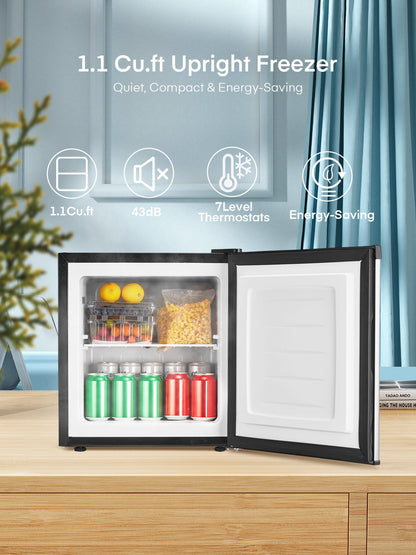 1.1 Cu Ft Mini Upright Freezer, Compact Countertop Freezer, 7-Level Thermostat, Quiet Operation, Reversible Door, Stainless steel