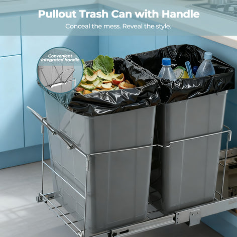 FOHERE Double Pullout Trash Can for Kitchen Cabinets 35 Qt Garbage Recycling Bin on Full Extension Slides, Black