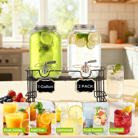 Beverage Dispenser, 2 Pack 1 Gallon Drink Dispensers for Parties, with Leakproof Stainless Steel Spigot, Stand, Infuser, for Christmas, BBQ, Picnic, Lemonade, Cocktails