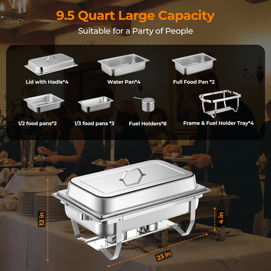 9,5-Liter-Chafing-Dish-Buffet-Set, 4 Stück, Edelstahl-Chafing-Dish-Buffet-Set mit ganzen/halben/drittel Pfannen, Buffetservierer und Wärmer für Catering, Hochzeiten, Partys und Veranstaltungen