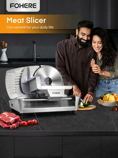 FOHERE Meat Slicer, 250W Deli & Food Slicer with Three 7. 5inch Stainless Steel Blades and Food Tray, for Bread Fruit Vegetable ,Silver