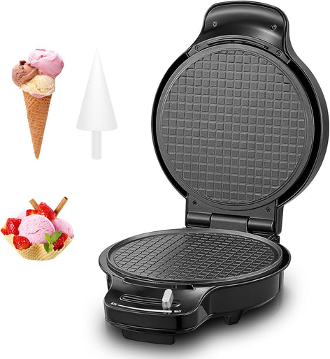 FOHERE Waffle Cone Maker Machine and Ice Cream Bowl Maker 7.5", Browning Control and Cone Roller, Black, New