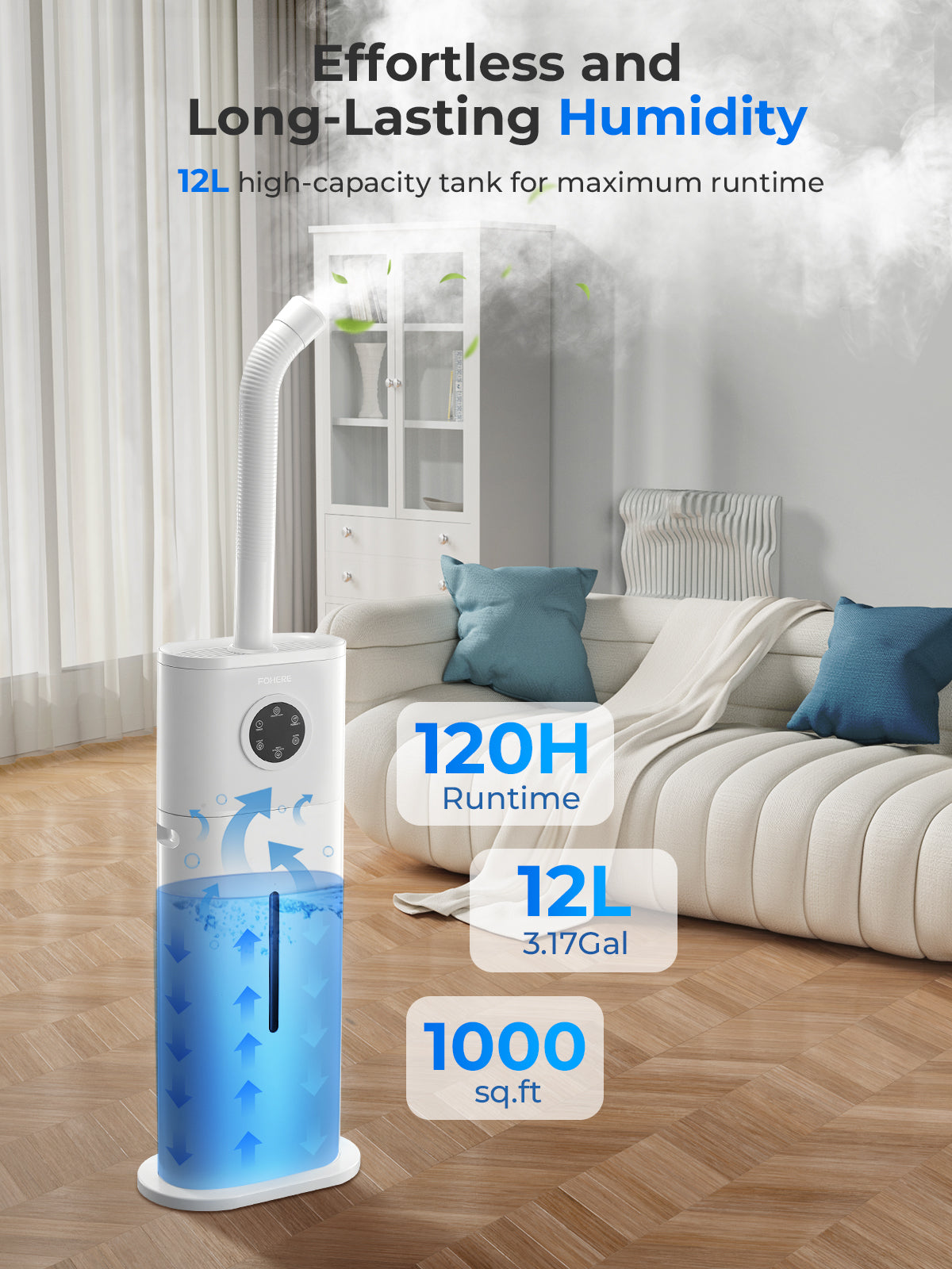 Luftbefeuchter für große Räume, 12L/3.17Gal Top-Fill Kaltnebel Ultraschall Boden-Luftbefeuchter leise für Baby und Pflanzen mit anpassbarer Luftfeuchtigkeit, Timer, Schlafmodus, Auto-Abschaltung, leise, weiß