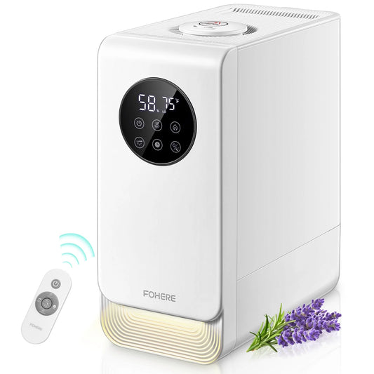 FOHERE Kalt- und Warmluftbefeuchter, einfache Befüllung von oben, 6,5 l großes Fassungsvermögen, Ultraschall-Luftbefeuchter für Schlafzimmer und große Räume, mit Aromaöl-Diffusor, Nachtlicht, Timer, leise, weiß