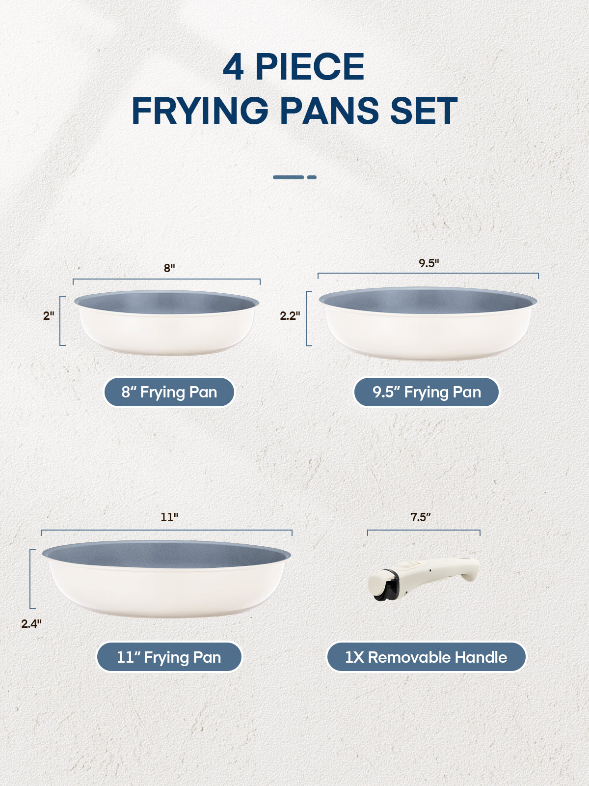 FOHERE Nonstick Frying Pan Set with Detachable Handle, 3PCS 8 9.5 11 Inch Non Toxic Diamond Ceramic Pan, Dishwasher & Oven Safe Skillets and Frying Pans, Compatible with All Stoves(Induction), Grey