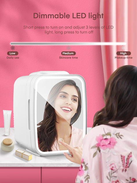 Mini Skincare Fridge with Dimmable LED Light Mirror, 5L/6 Can Portable Small Refrigerator for Bedroom, Dorm, Office, Cooler & Warmer Compact Fridge