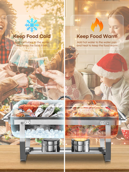 4er-Pack 9,1 Liter Chafing Dish Buffet-Set aus Edelstahl mit 4 Löffeln und Klammern, 4 klappbaren Rahmen-Tablettständern, ideal für Partys, Hochzeiten, Catering