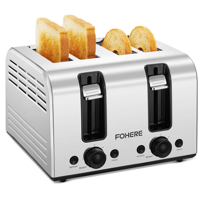 4-Schlitz-Toaster, 1500W Extra breiter Schlitz Toaster, für Bagel, Brot, Waffeln, mit 6 Bräunungsstufen, zwei unabhängige Bedienfelder, Aufwärm-/Auftau-/Stoppfunktionen, Edelstahl Silber