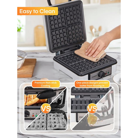 FOHERE 4-Slice Waffle Maker, 1200W Waffle Iron, Non-Stick, Browning Control, White