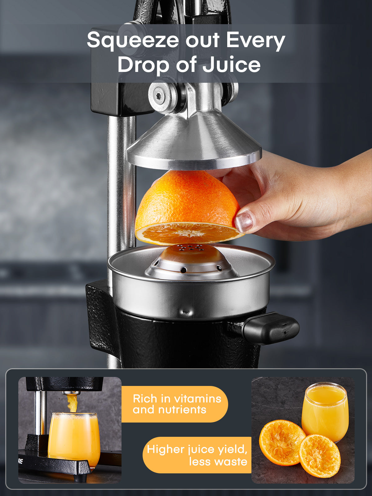 FOHERE Orangen-Entsafter, Zitruspresse aus Gusseisen, manuelle Entsafterpresse für Orangen, Zitronen, Granatäpfel, Grapefruit, leicht zu reinigen – inklusive Edelstahlbecher