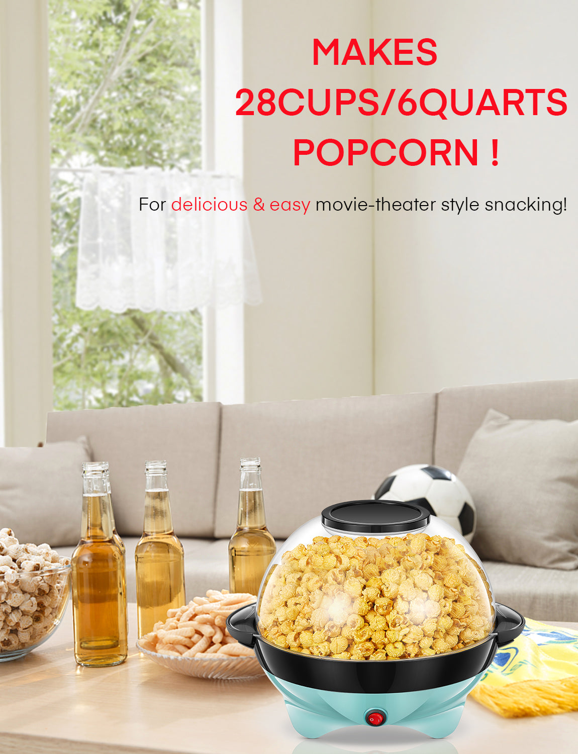 FOHERE Popcornmaschine, Popcorn Maker für 28 Tassen mit Rührwerk