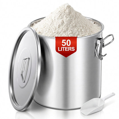 FOHERE 50 LT Stainless Steel Airtight Canister for Kitchen, Rice Food Storage Containers,48-72Lbs Metal Bucket Food Storage Container for Rice, Flour, Grain, Coffee