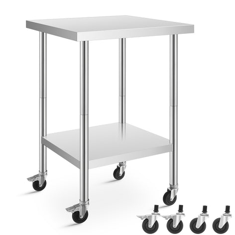 Stainless Steel Table FOHERE, Metal Table 24 x 24 Inches W/4 Caster Wheels, Two with Brakes, NSF Kitchen Prep Table for Restaurant, Home, Outdoor, Garden, Warehouse and Hotel