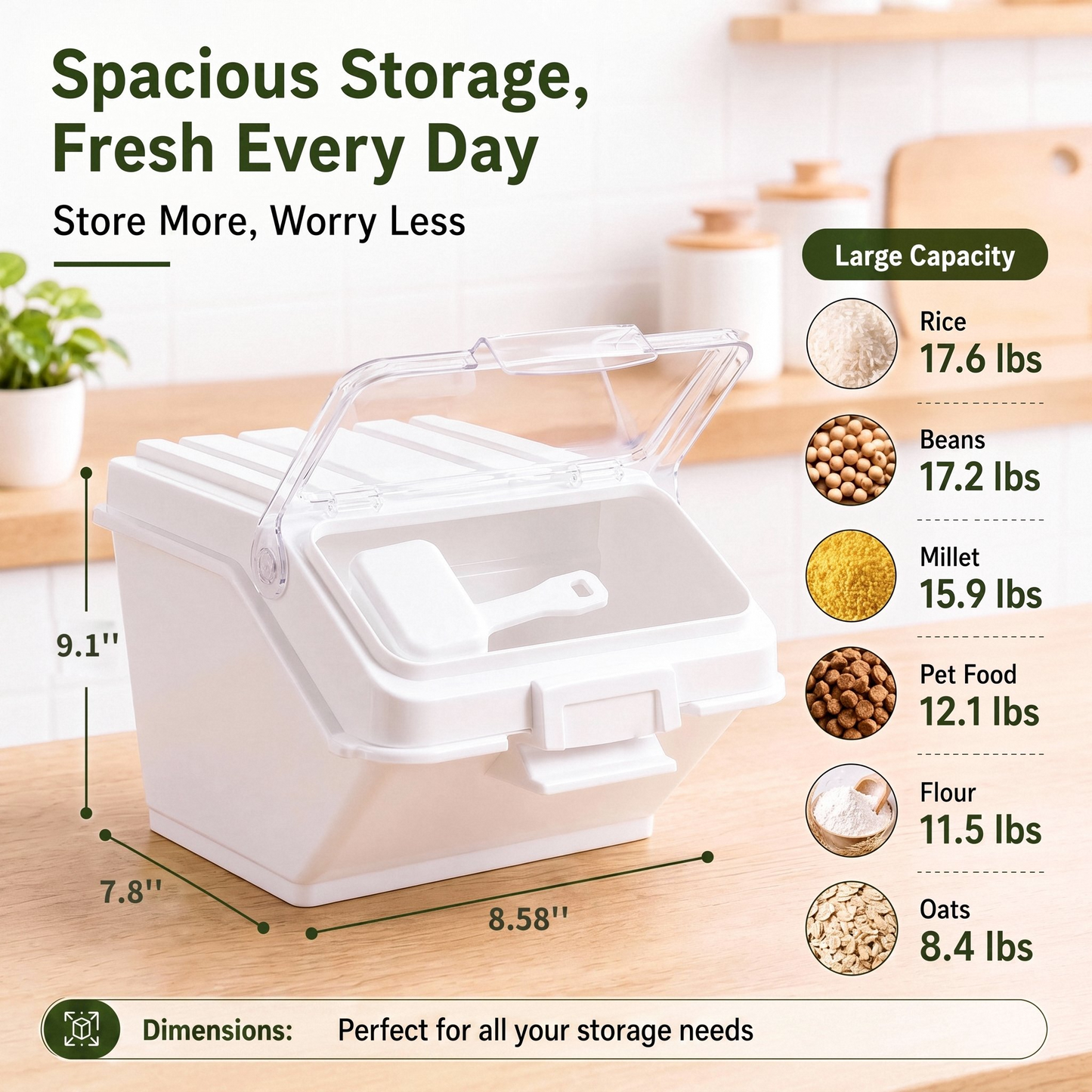 Fohere 20L Ingredient Storage Bin, 2 x 10L Dispenser Bin with Spoon, PP Material, Stackable For Saving Space, Rice, Cereal, Flour, Grain, Pet Food
