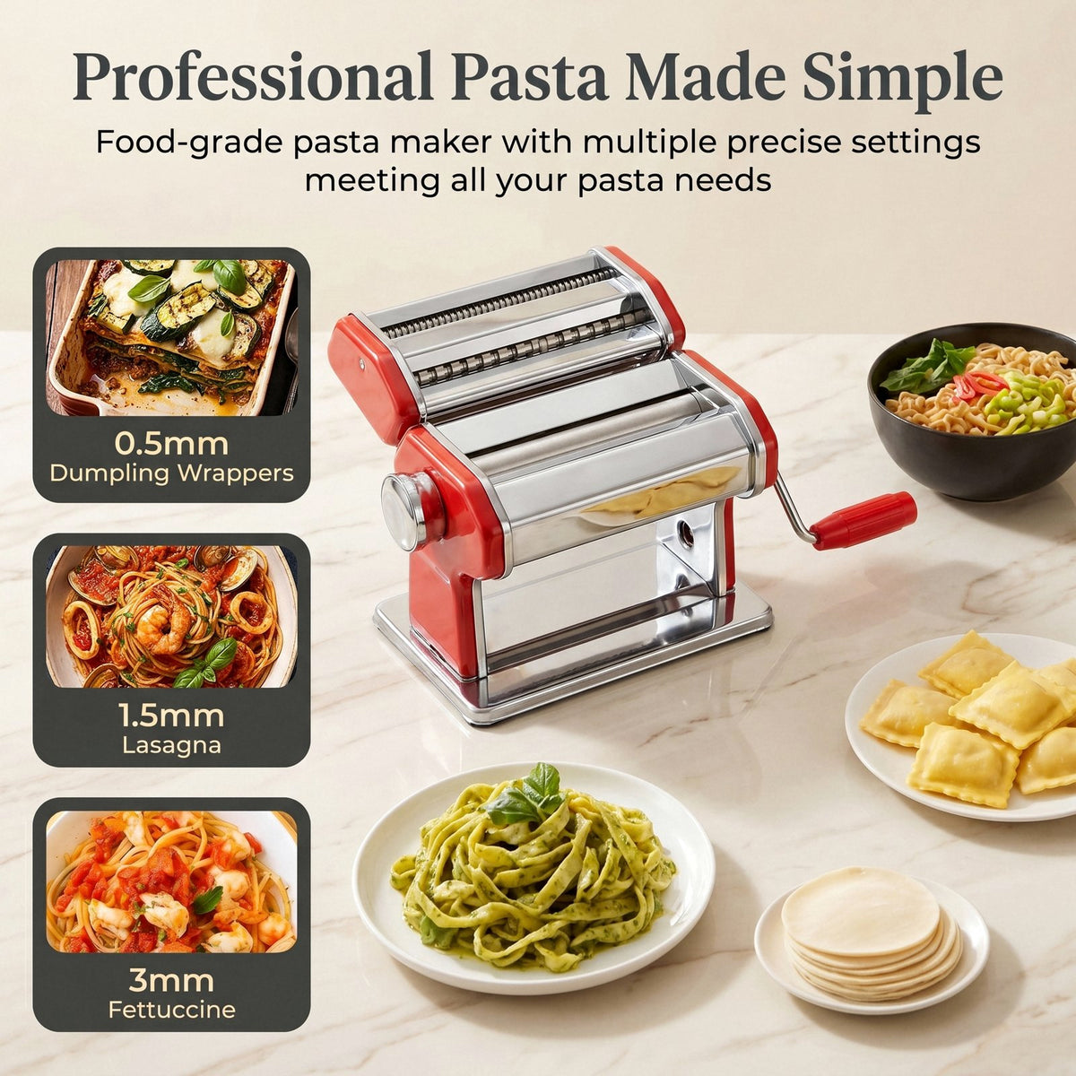 FOHERE Pasta Maker with 7 Adjustable Thickness Settings - 3 in 1 Noodle Maker with Rollers & 2 Width Cutters for Fresh Spaghetti, Fettuccini, Lasagna, Dumplings & More