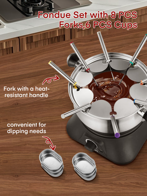 FOHERE Electric Fondue Set with 1500W Power Temperature Control for Cheese,Chocolate,Oil and Broth, 2L Non-Stick Electric Fondue Pot with 8 pcs Forks,6 pcs Cups, Silver