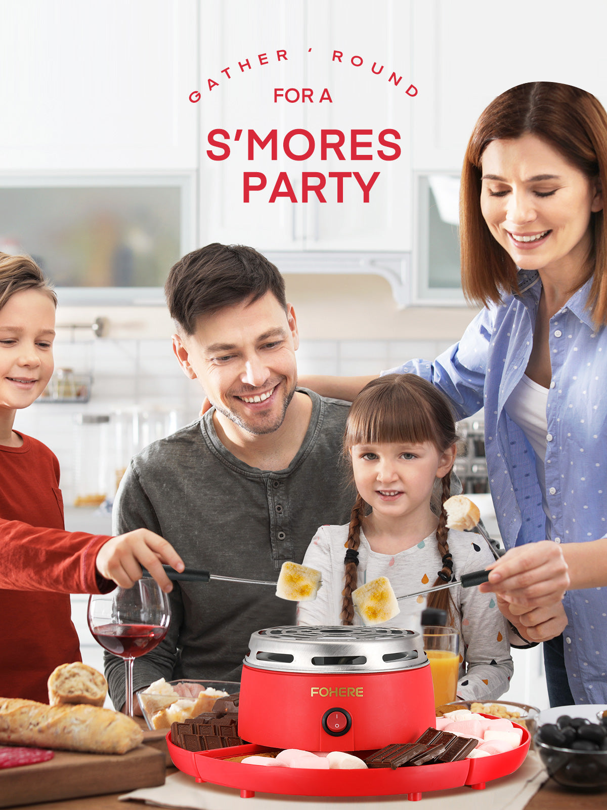 FOHERE Smores Maker Tischgerät für Innenräume, flammenloser elektrischer Marshmallow-Röster mit 4 abnehmbaren Ablagen & 4 Röstgabeln, Zubehör für Filmabende & Einweihungsgeschenk, Rot