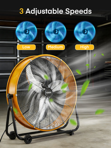 FOHERE 24 Inch High Velocity Industrial Drum Fan, 8100 CFM Heavy Duty Metal Floor Fan with Wheels, 360° Tilt 3-Speed Shop Fan, Portable Barn Fan with Wide Handle for Warehouse, Garage, Factory, Gym