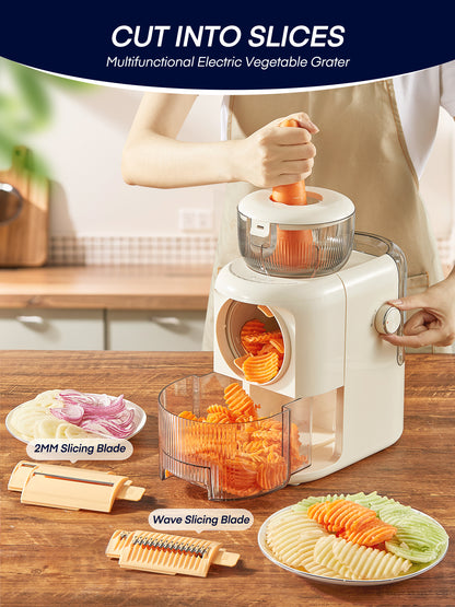 FOHERE 6-in-1 Elektrische Käsereibe, elektrischer Käseschneider mit 6 Edelstahlklingen, Salatzubereiter mit Ein-Knopf-Steuerung für Käse, Gemüse und Obst