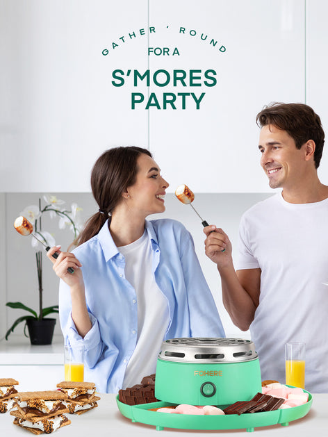 FOHERE Smores Maker Tabletop Indoor, Flameless Electric Marshmallow Roaster with 4 Detachable Trays & 4 Roasting Forks, Movie Night Supplies & Housewarming Gift, Green