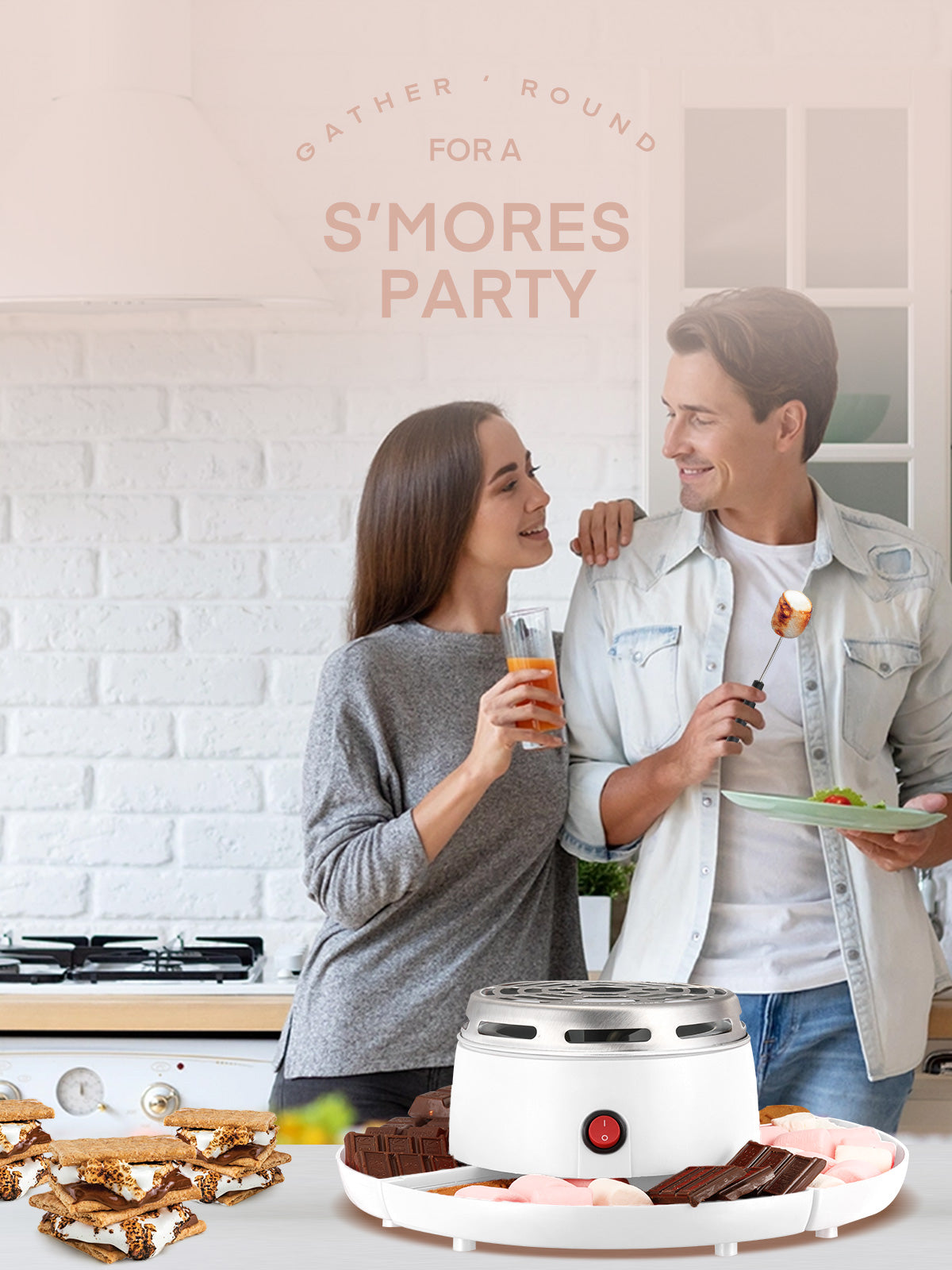 FOHERE Smores Maker für Tischplatte Indoor, mit 4 abnehmbaren Tabletts & 4 Röstgabeln, Geschenk, Weiß