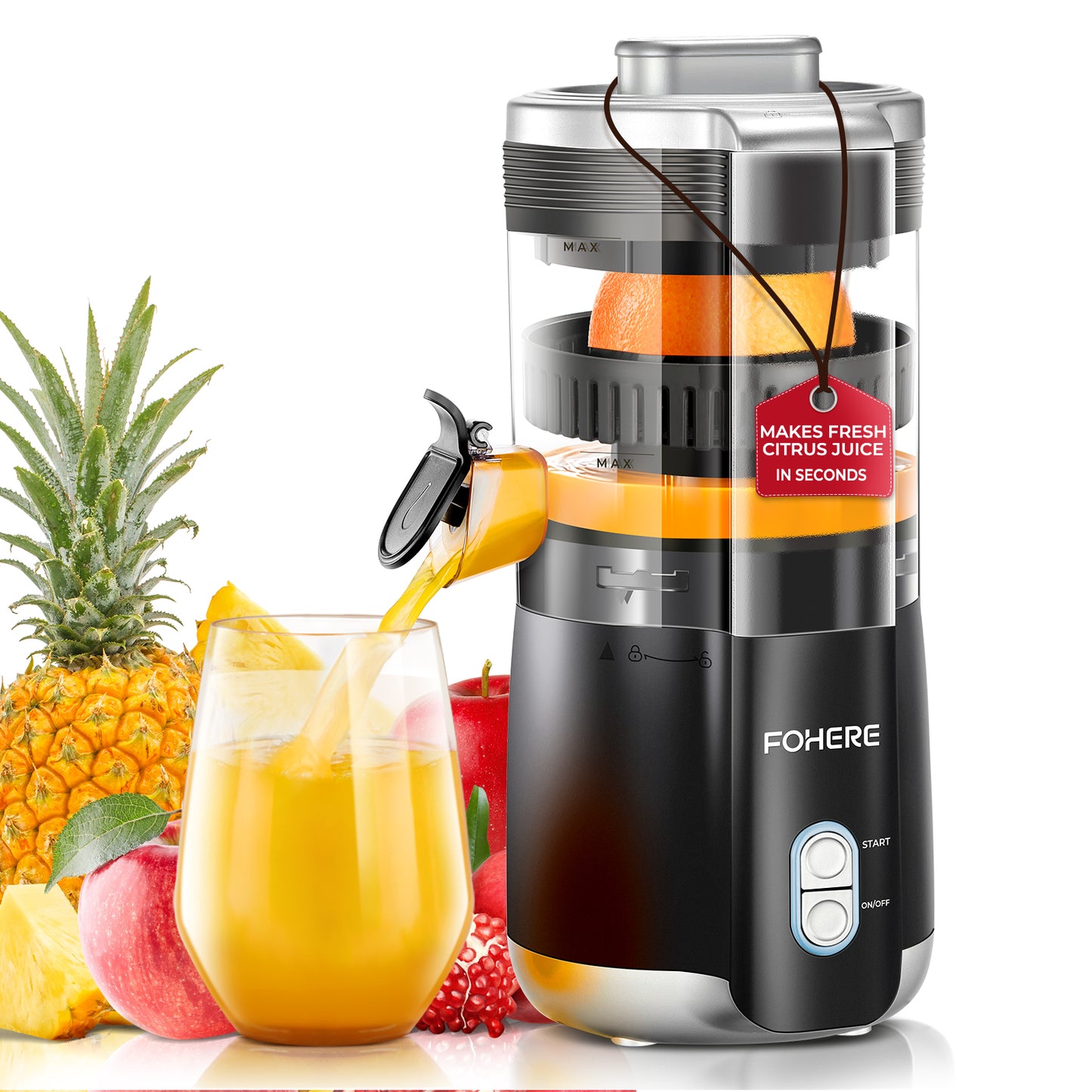FOHERE Elektrische Zitruspresse, freihändige Orangen-Entsaftermaschine mit 2 austauschbaren Presskegeln, automatischer Entsafter für Orangen, Zitronen, Trauben, Granatäpfel, Reinigungsbürste inklusive
