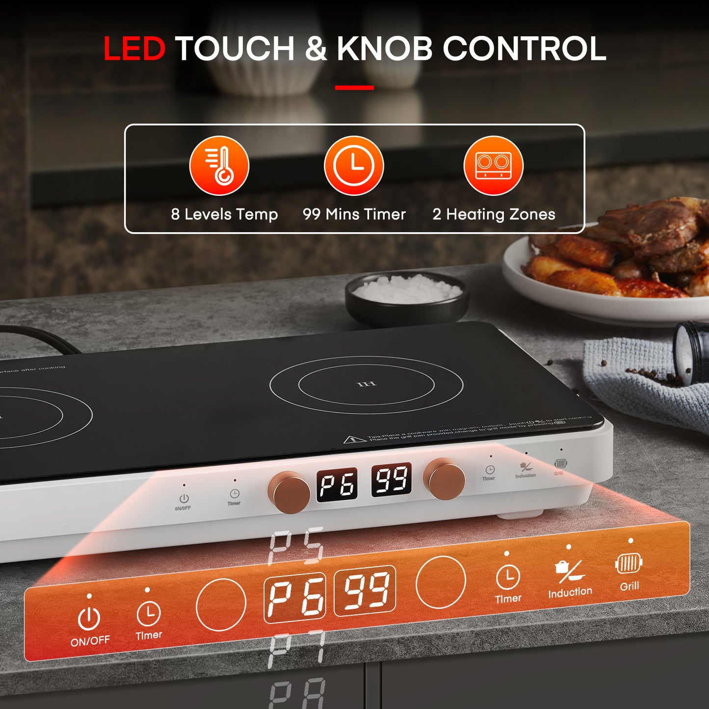 Induction Cooktop 2 Burners, Double Induction Hot Plate with Removable Cast Iron Griddle Pan Non-Stick, Independent Temperature Control, 8 Power Levels